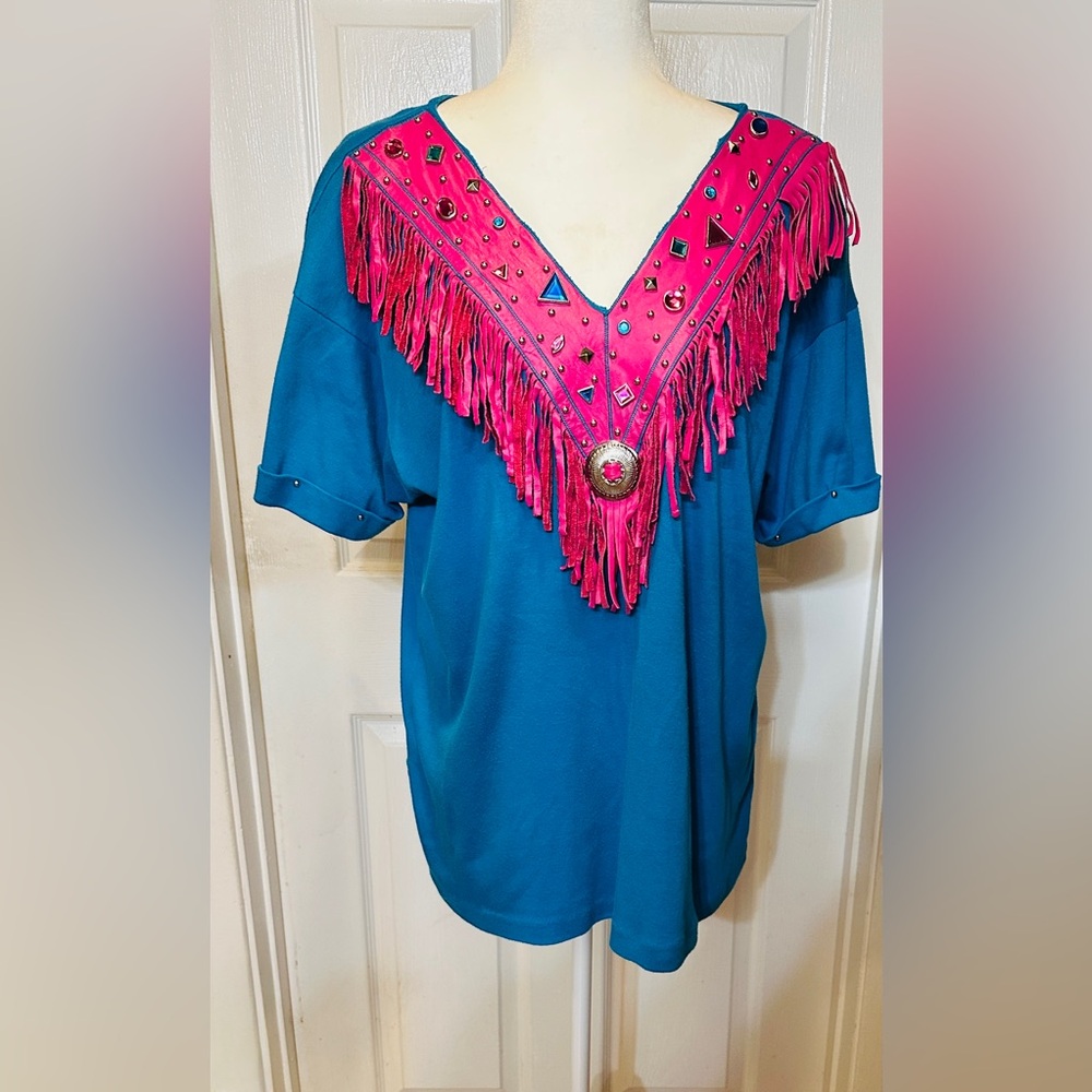 Bellows Brut Briquet Top  Blue Pink Colorful Beads Leather Fringe One Size